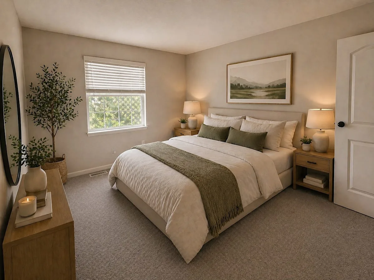 A bedroom with a large bed, a nightstand with a lamp, and a painting on the wall.
