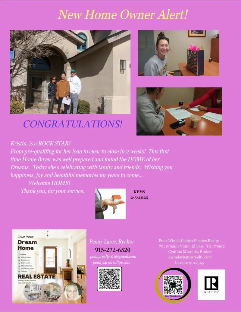 A real estate agent's advertisement announcing a new homeowner. The ad features a photo of a family in front of their new house, two smaller photos of the homeowner signing papers and receiving a gift, and text congratulating the new owner. It also includes contact information for the realtor and her agency, along with logos and QR codes.