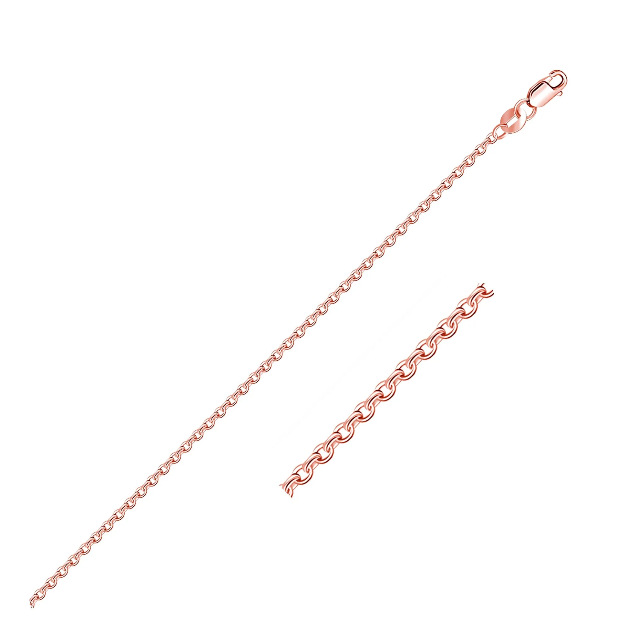 A close-up studio shot of a rose gold colored rolo chain necklace against a white background. The chain is diagonally positioned from the bottom left to the top right of the frame. A smaller section of the chain is shown in the upper right quadrant, demonstrating the link detail. The chain features small, circular links connected in a repeating pattern, and it includes a lobster clasp closure at the top right end.