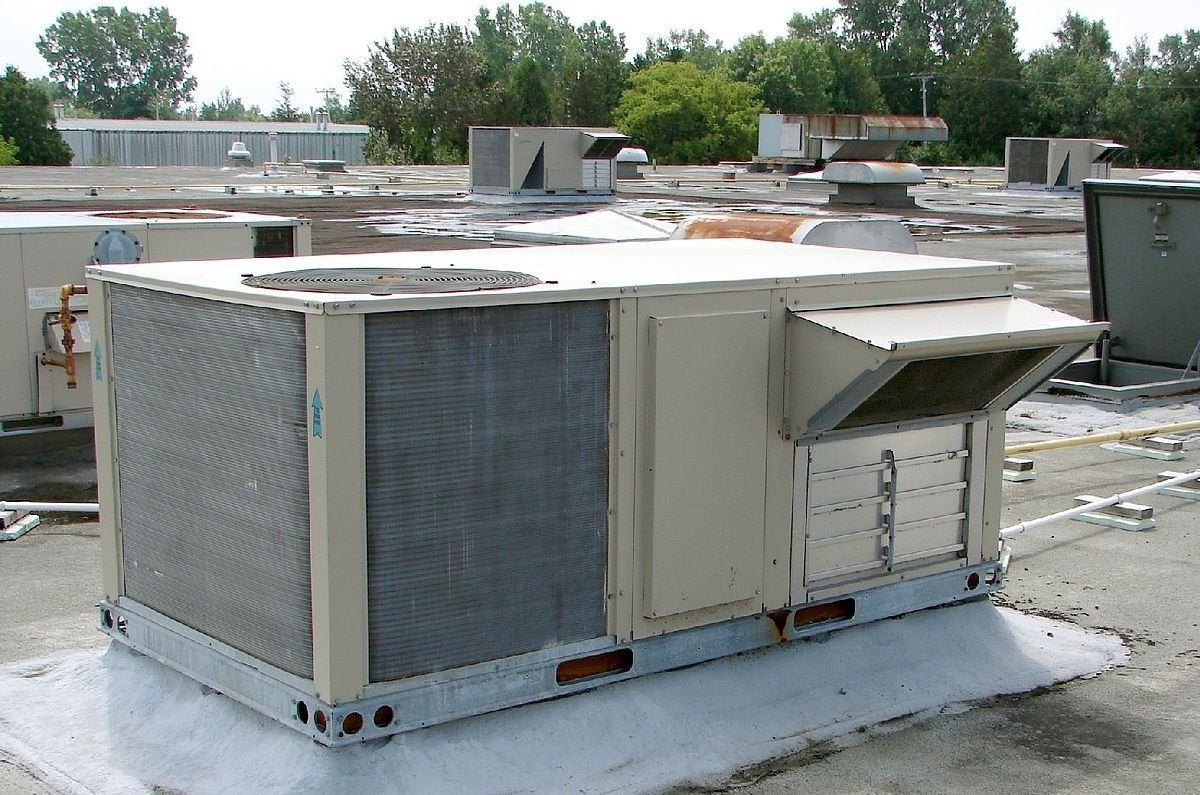 An industrial HVAC unit sits on a flat, gravel-covered commercial rooftop with multiple vents and other equipment visible in the background against a partly cloudy sky.