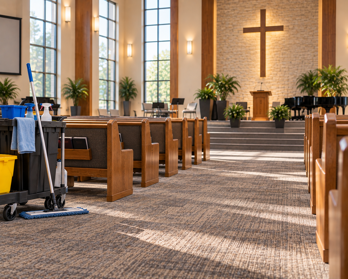 A clean church sanctuary with pews, carpeted flooring, and janitorial equipment, representing professional cleaning for Phoenix-area churches and places of worship.