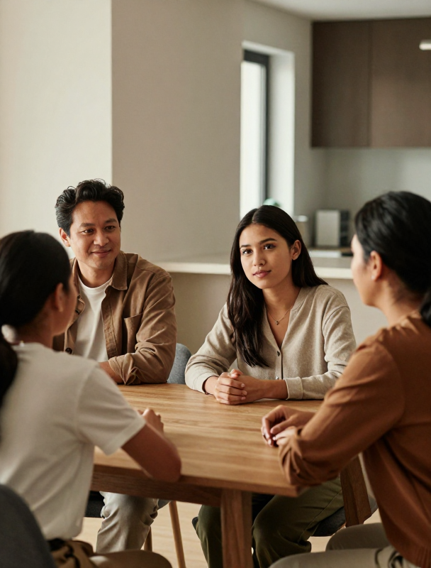 Four people, likely a family, are gathered around a wooden dining table in a modern home. The adults, a man and two women, are facing each other and conversing, while one of the children is also engaged in the discussion. The background suggests a contemporary kitchen and dining area with clean lines and neutral tones. The overall atmosphere is one of relaxed family interaction.
