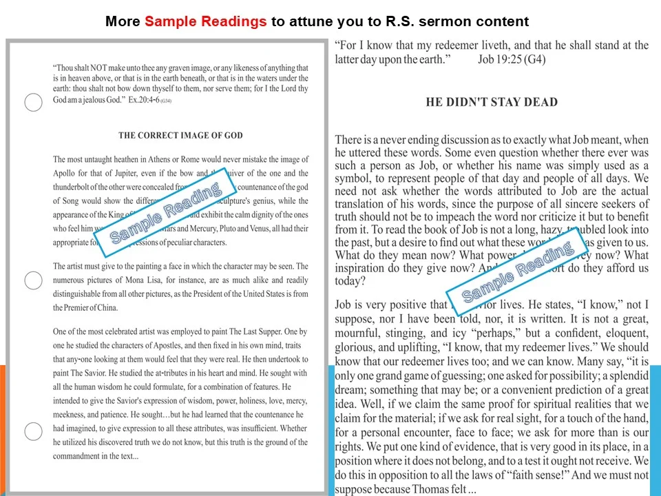 A document with two columns of text, likely from a religious or educational source. The left column discusses "The Correct Image of God" and artistic representation, while the right column is titled "He Didn't Stay Dead" and discusses the meaning of Job's words. Both columns contain biblical quotes and theological commentary. A diagonal watermark reading "Sample Reading" is present in both columns.