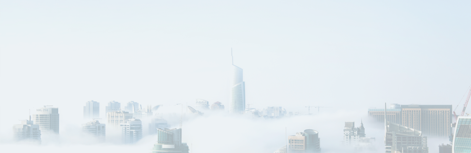 City skyline with fog.