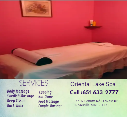 A traditional Swedish massage utilizing a system of techniques specially created to relax muscles by Oriental Lake Spa Roseville (651)633-2777