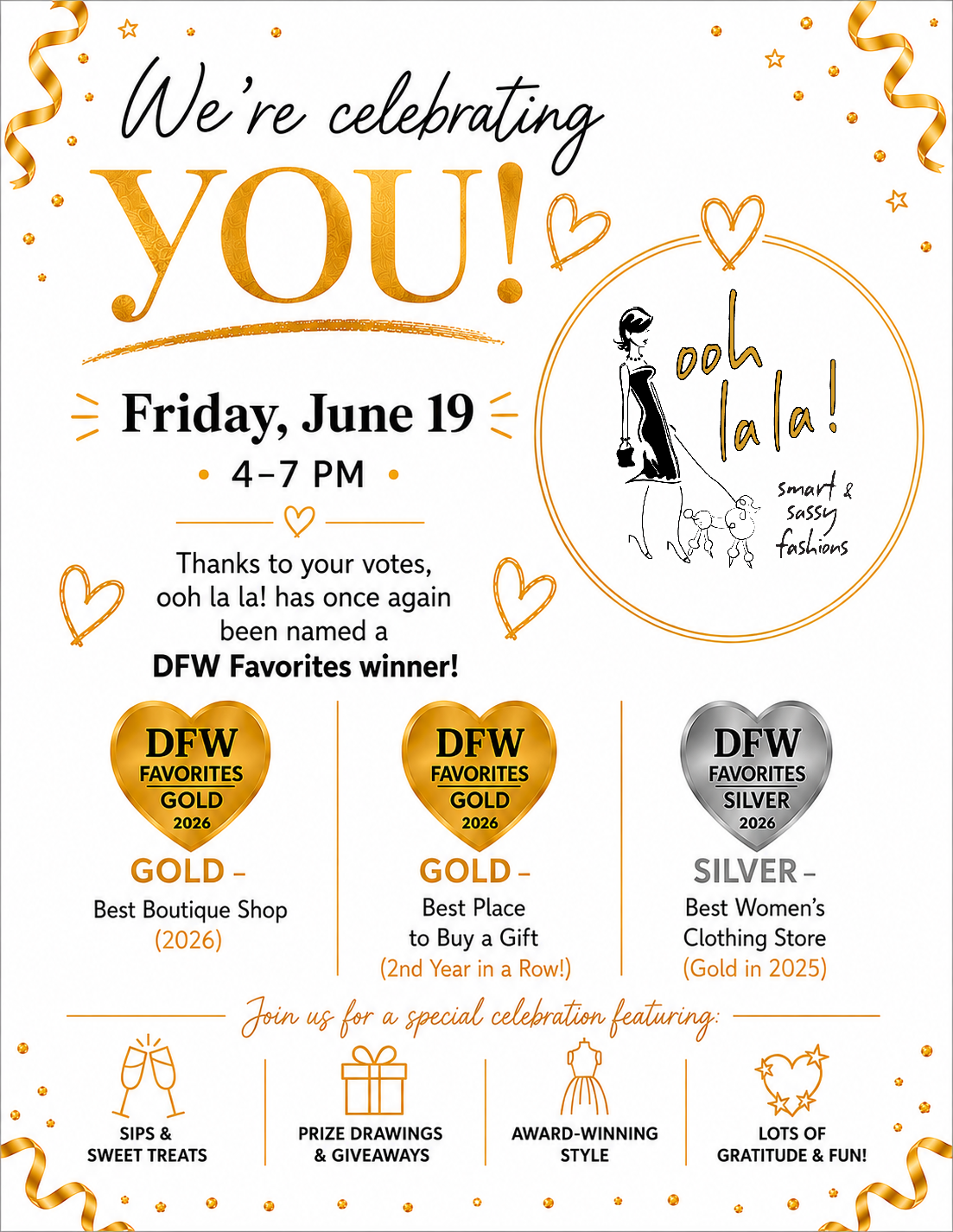Thanks to your votes, ooh la la! has once again been named a DFW Favorites winner!  Gold – Best Bout 