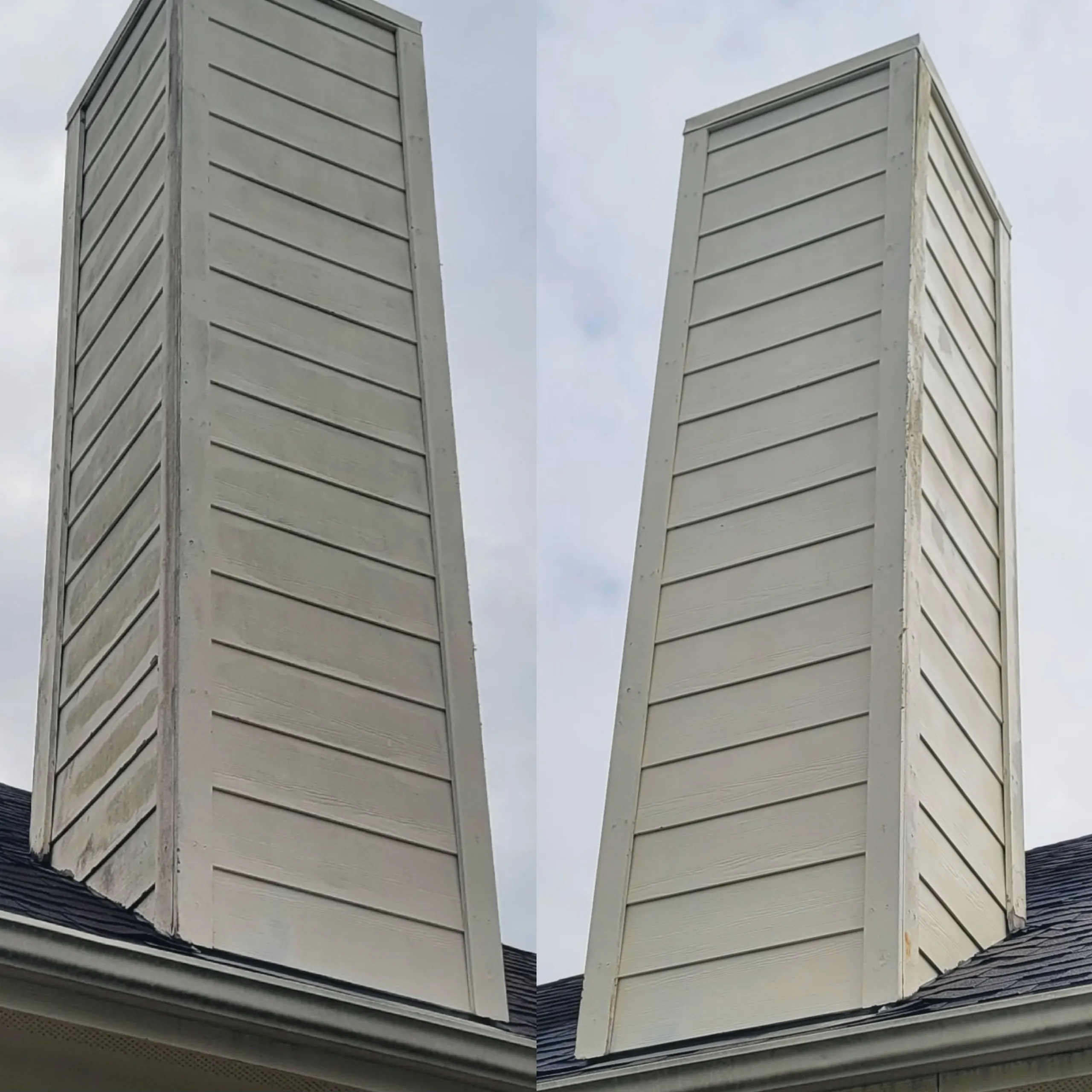 A split image showing a "before" and "after" comparison of a beige vinyl siding chimney. The left side, "before," shows the chimney with noticeable dirt and grime buildup, particularly on the lower sections and around the corner trim. The right side, "after," displays the chimney looking clean and bright, with the siding appearing refreshed and free of discoloration. Both images are taken from a low angle, looking up towards the sky, with the roof and gutters visible at the bottom.