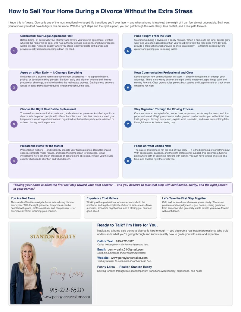 A real estate flyer titled 'How to Sell Your Home During a Divorce Without the Extra Stress'. The flyer outlines eight steps to navigate this process, offering advice on legal agreements, planning, choosing professionals, pricing, communication, organization, and focusing on the future. It features a headshot of Penny Lares, a Realtor with Stanton Realty, along with her contact information and a company logo.