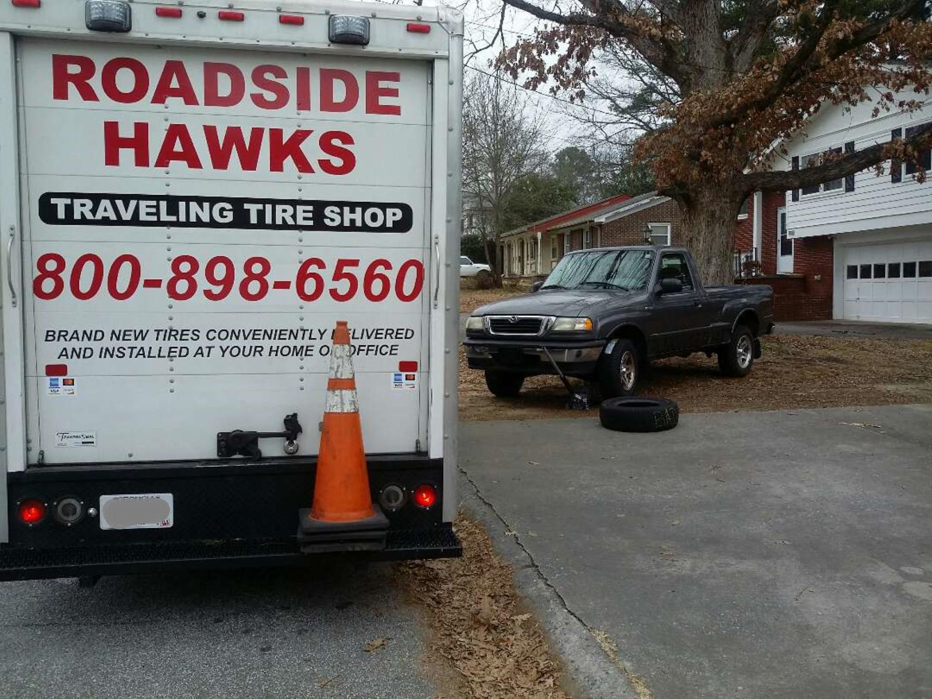 24 Hour Roadside Hawks Traveling Tire Shop Atlanta - Brand New Tires Delivered and Installed On The Side Of The Road. Mobile Tire Installation includes mounting and speed balancing onsite at your breakdown location - (404) 478-7887 for Roadside Assistance in Atlanta.