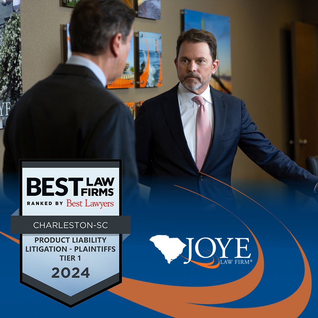 Joye Law Firm Partners Ken Harrell and Mark Joye with badge for Best Law Firms by Best Lawyers awards for Product Liability Litigation - Plaintiffs, Tier 1 in Charleston, S.C.