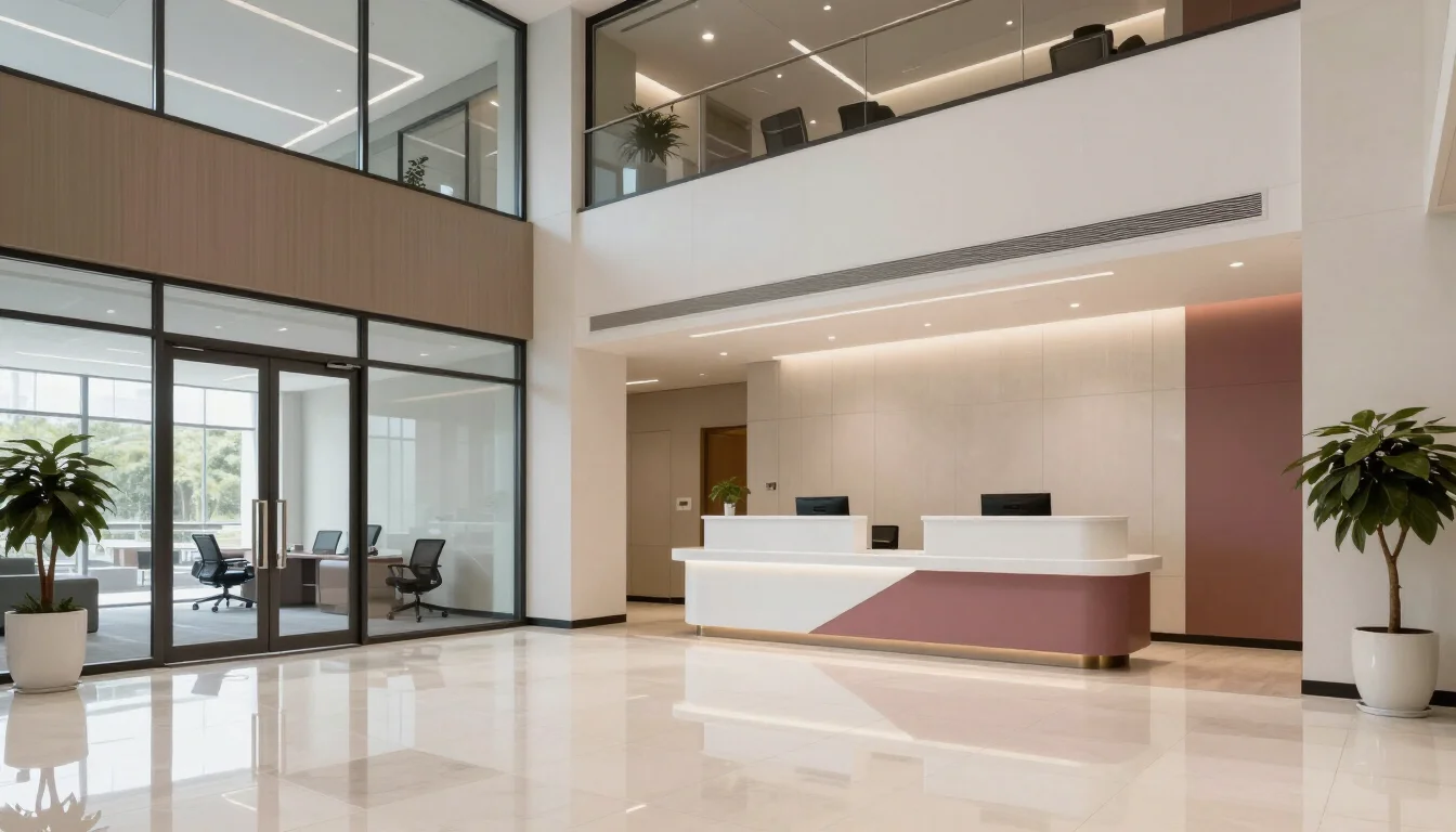 A modern and spacious office lobby with a reception desk, potted plants, and glass-enclosed offices visible. The lobby features a polished marble floor and a two-story open design with a mezzanine level. The reception desk is white and pink with computer monitors.