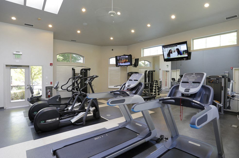 A gym with treadmills and exercise bikes