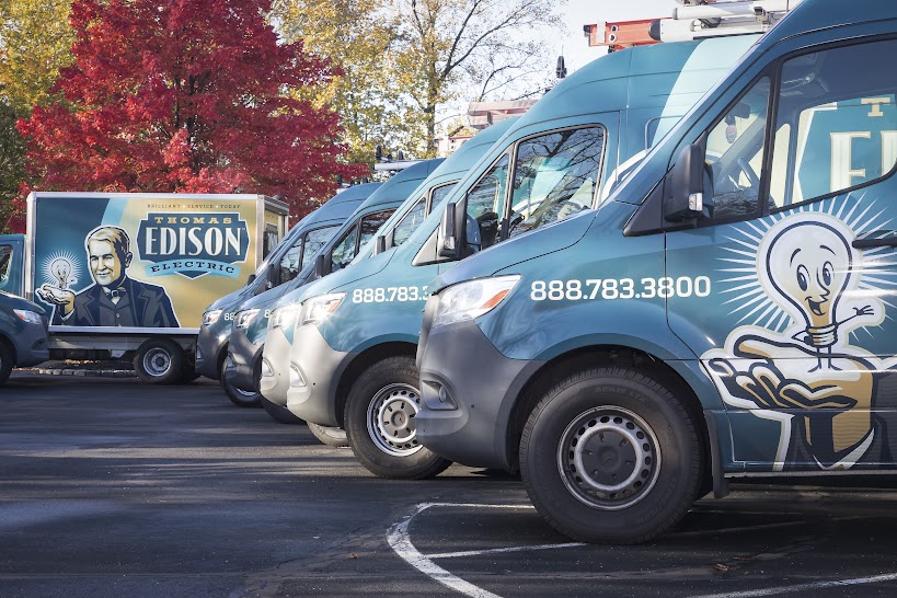 Fleet of Thomas Edison Electric service vehicles supporting residential and commercial electrical services across Pennsylvania