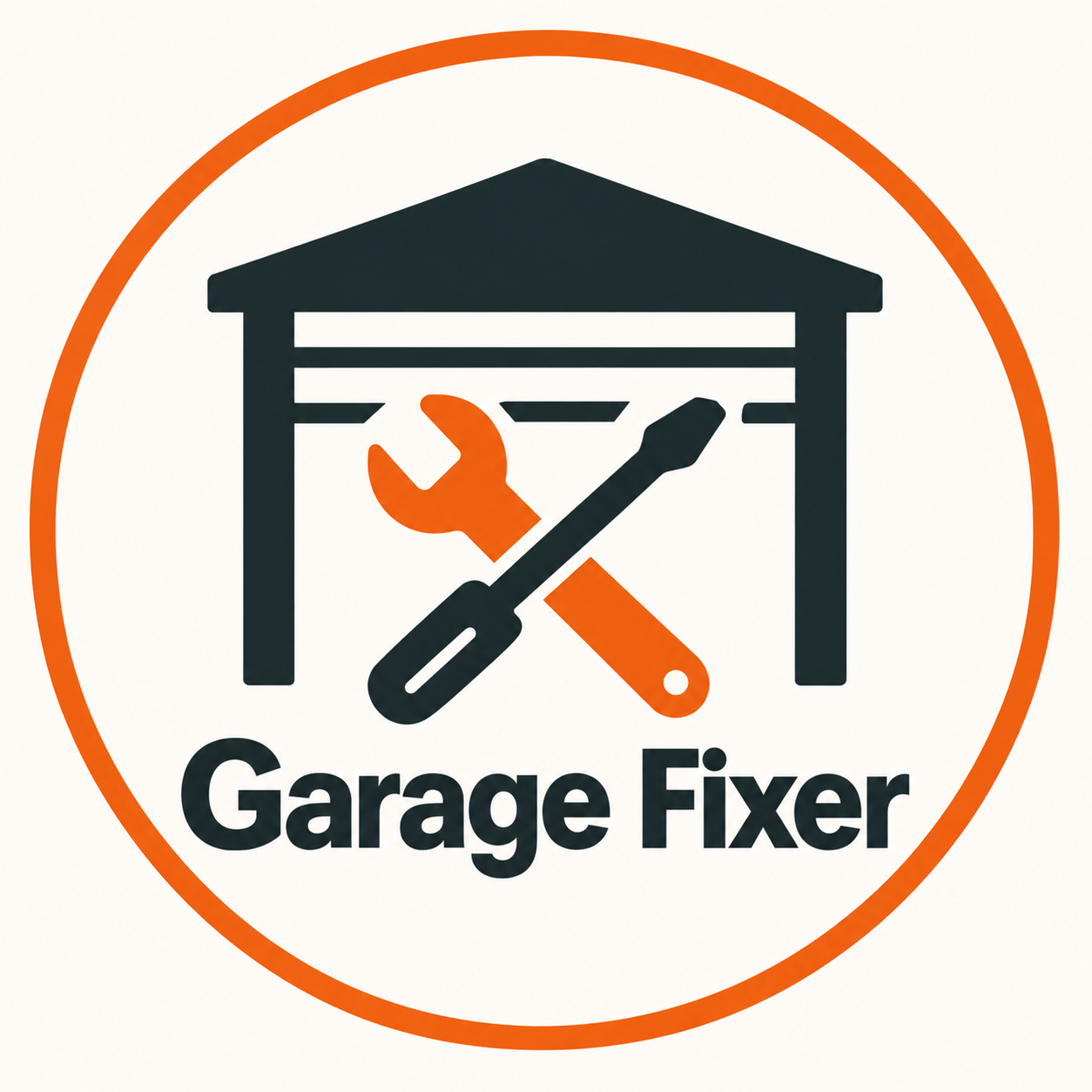 Garage Fixer logo with a garage door outline, crossed wrench and screwdriver, and the business name  