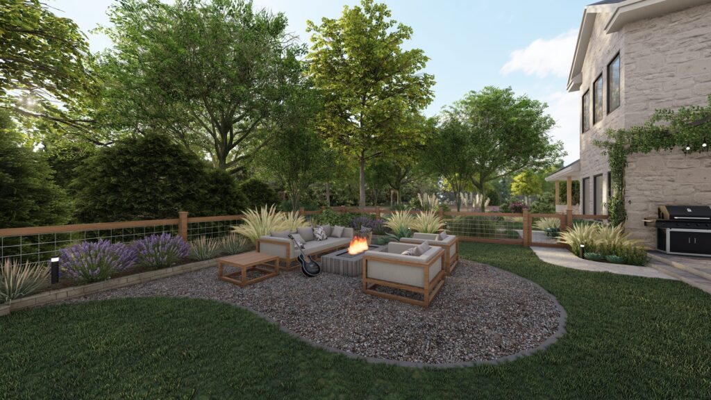 Landscape 3D rendering of outdoor area design.