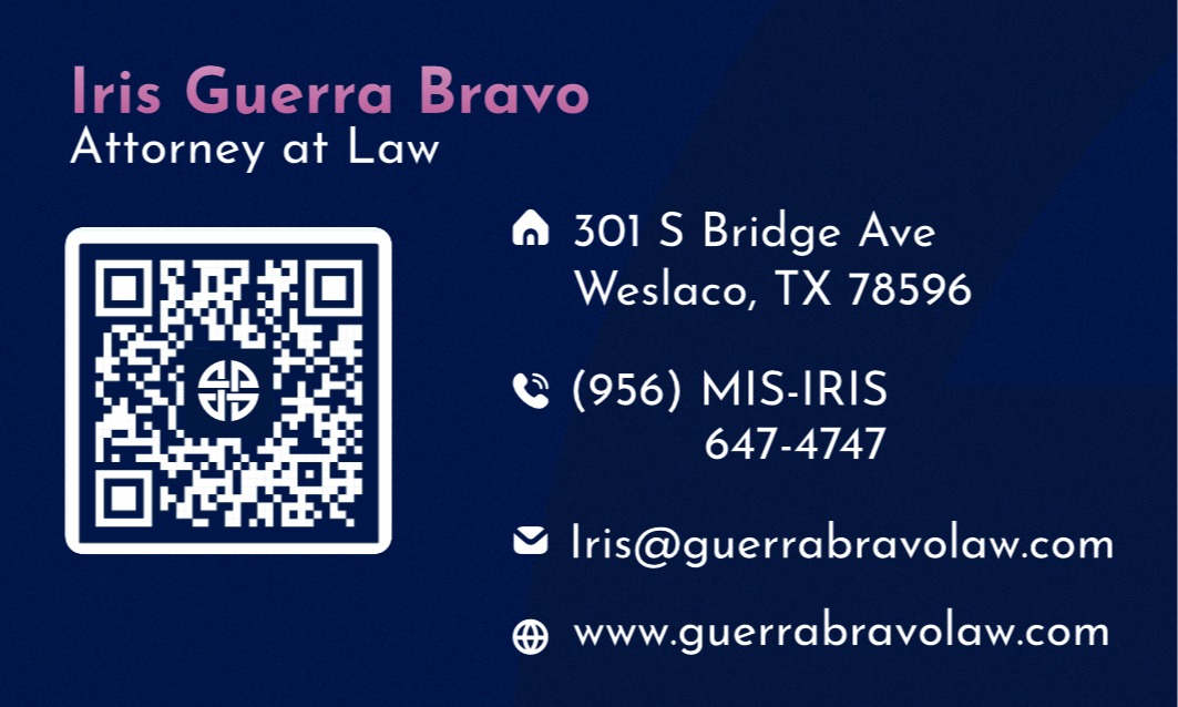 Iris Guerra Bravo business card, Immigration Lawyer McAllen TX