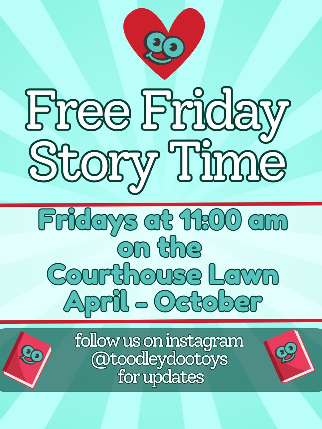 ????️ Mark your calendars because Free Friday Story Time begins April 3rd! ????
❤️ Join us each week from April to October at 11am on the courthouse lawn (weather permitting!) and listen to people from around the community read amazing stories to our families! Previous readers included the Franklin Fire Department, familiar Franklin educators, @iljcin , @misspollysmusicclass , @lerosedance , local authors, and MORE!
✨ Check our social media each week to see The Who (reader), what (books), and where (inside or outside)!