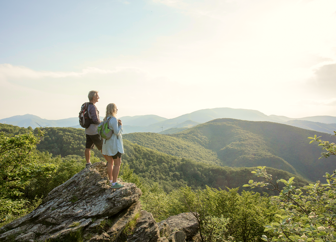 A couple on the summit of a hike surrounded by forest-covered mountains.