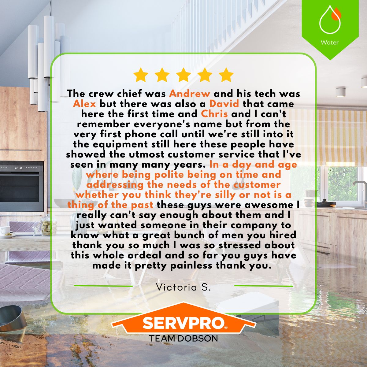 great review for servpro on water damage restoration
