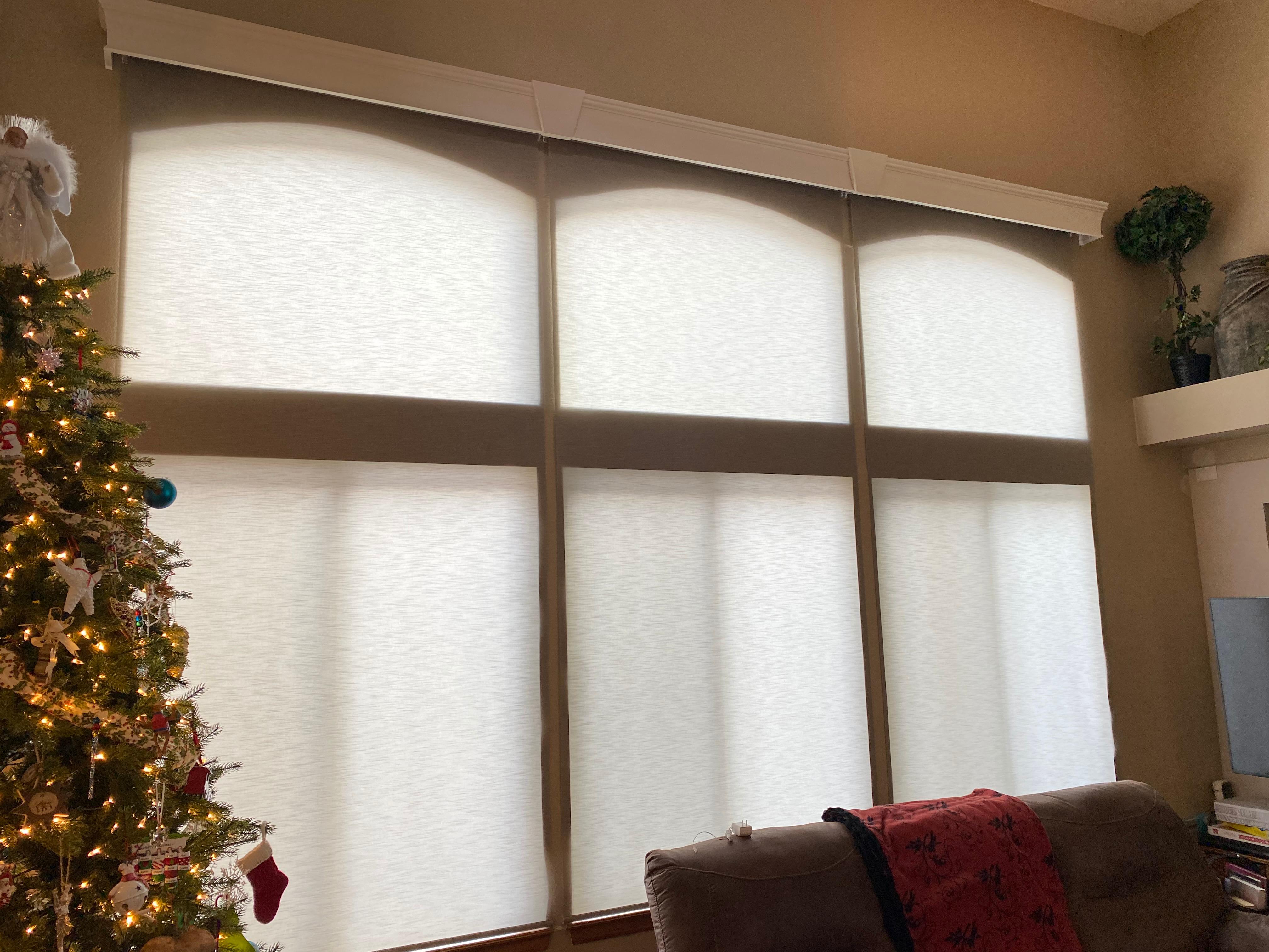 Wood Cornice over Motorized Roller Shades in Castle Pines