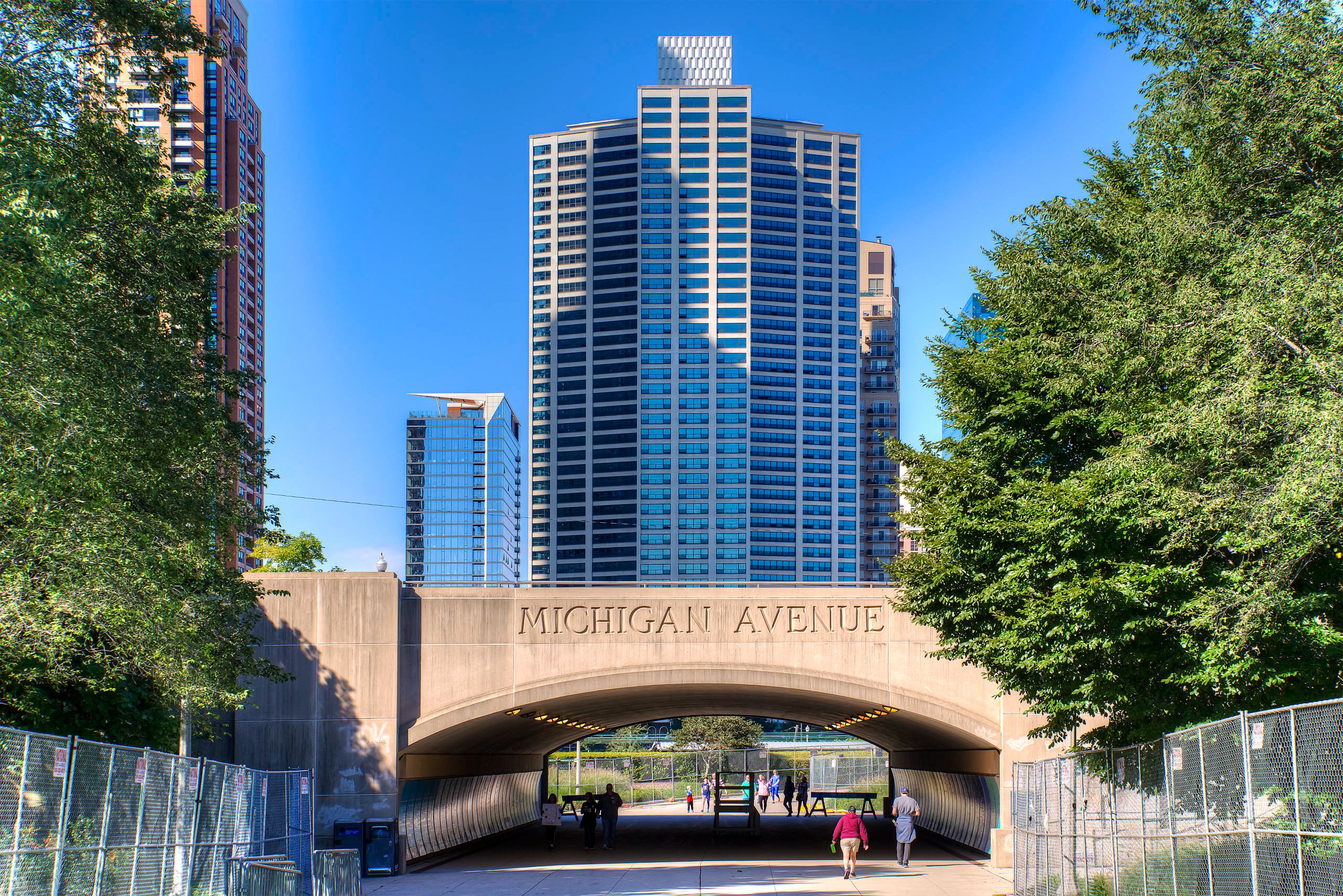 Michigan avenue bridge with modern high rise tower 