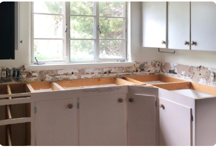 This is an example of some of the demolition work we do on kitchens. This client was having us replace sheetrock, countertops as well as install new backsplashes in addition to our normal refinishing services.