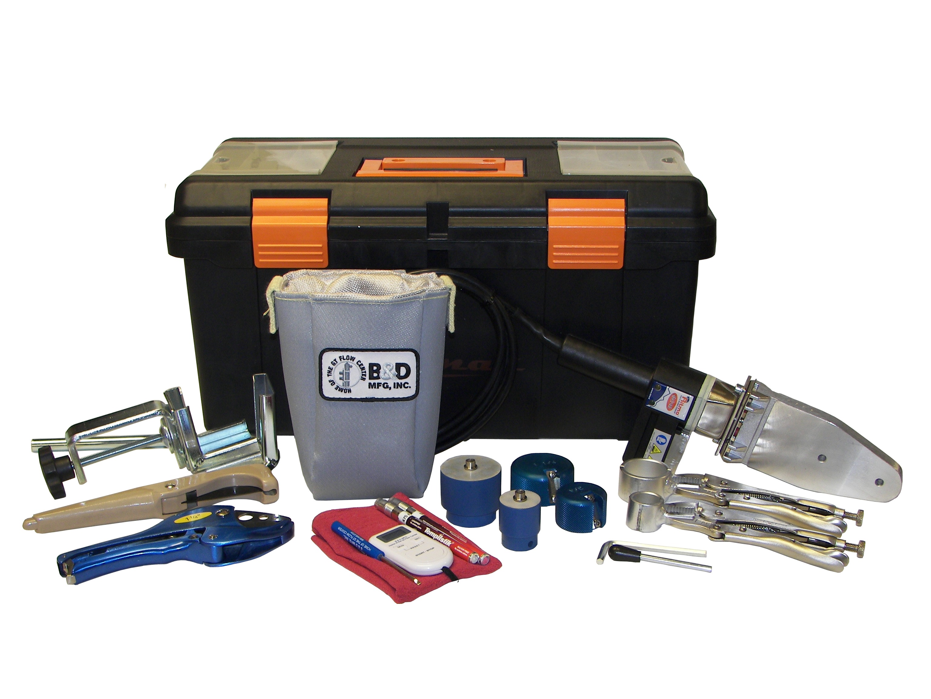 Fusion equipment kit by B & D Mfg., Inc., used for joining HDPE pipe in geothermal loop system installations, ensuring strong and reliable connections.