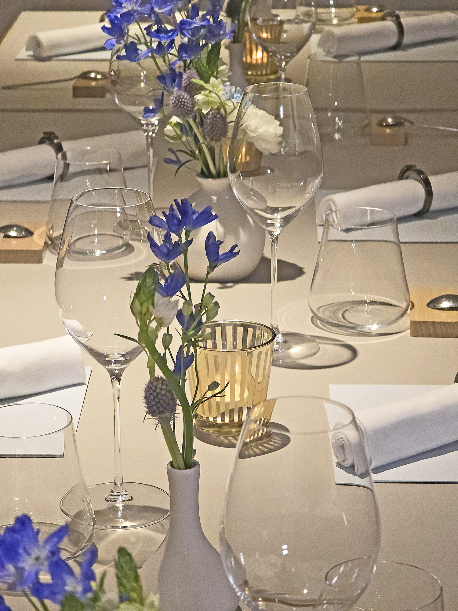 A second view of the private events space at Essential by Christophe. The room accommodates up to 21 guests for celebrations and private dinners, and the full restaurant can be reserved for up to 70.