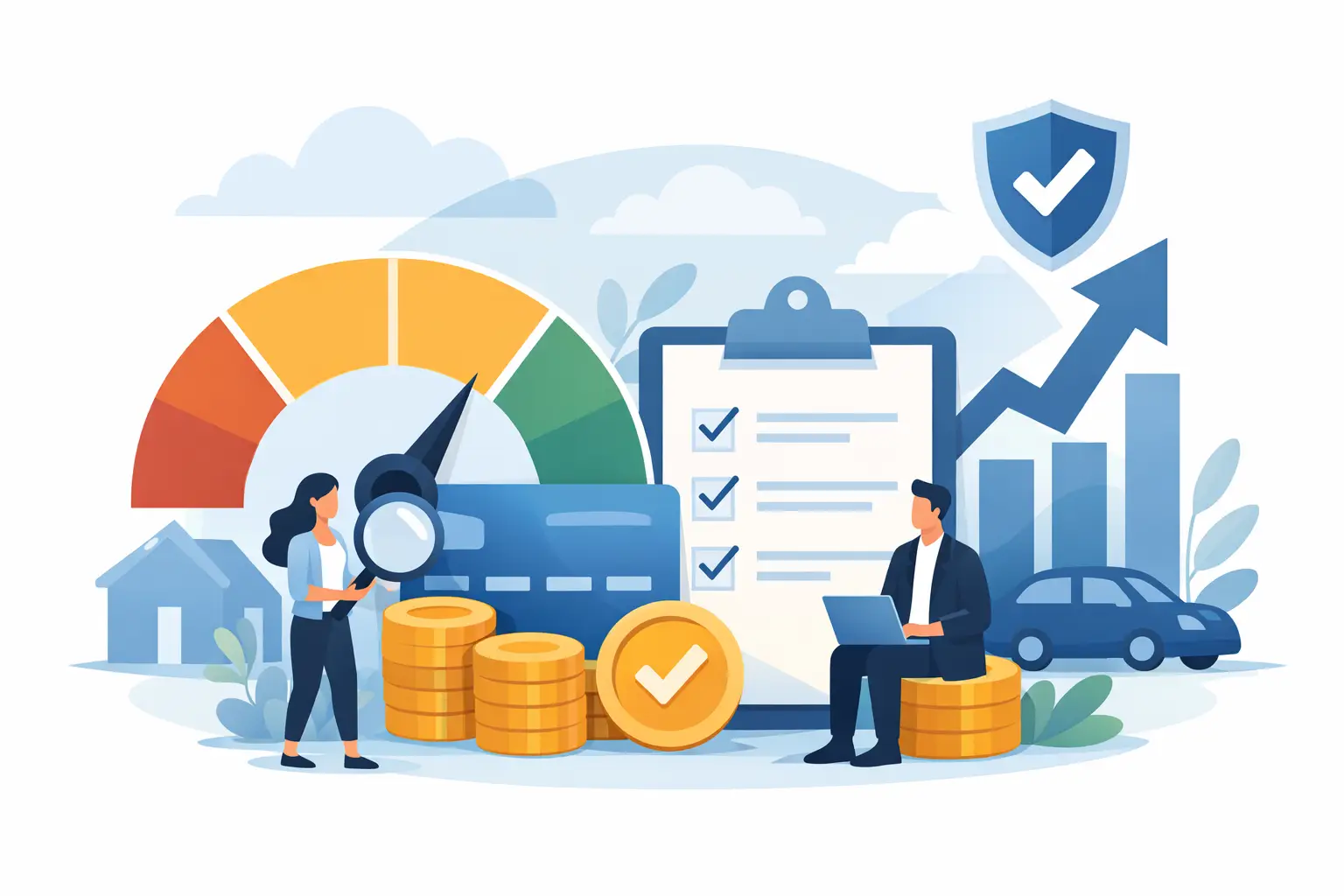 A financial illustration depicting credit score improvement. A woman holds a magnifying glass to a credit score meter, with stacks of coins and a house in the foreground. A man sits on coins with a laptop, next to a clipboard with a checklist and a growing bar graph with an upward arrow. A shield with a checkmark and a car are also visible.