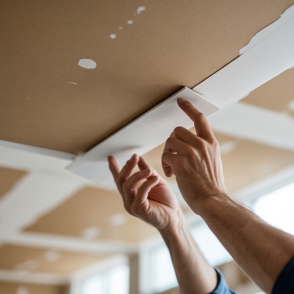 A close-up shot shows a person's hands installing white trim molding along a ceiling edge. The ceili 