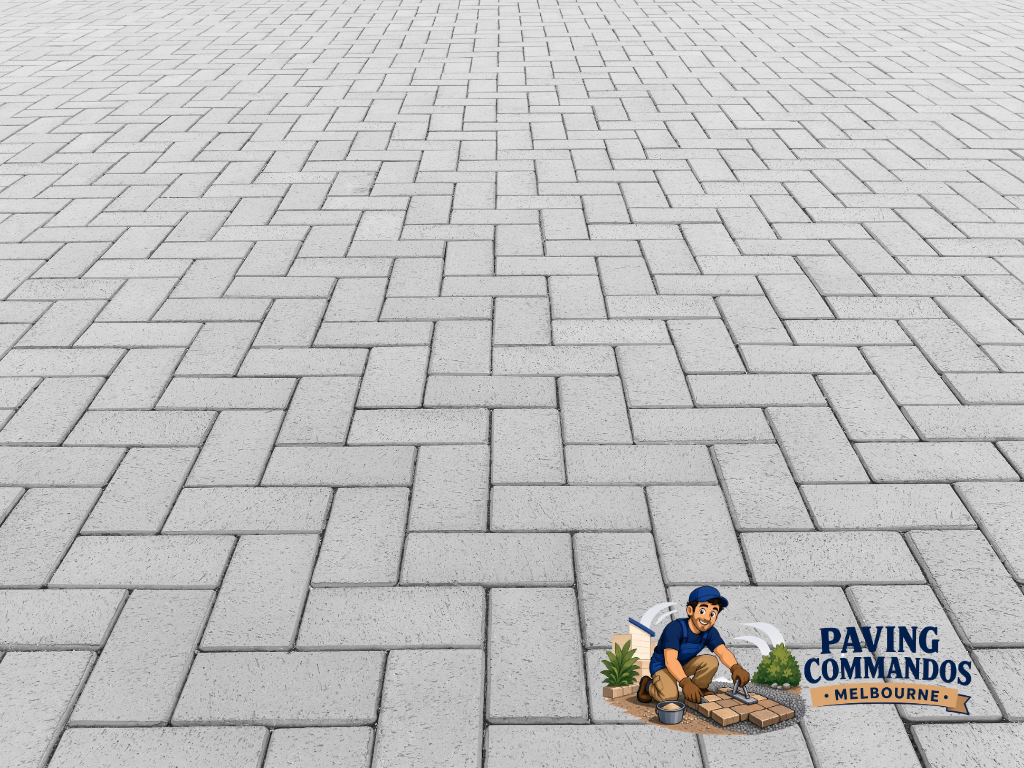 Gray paver surface installed in a classic herringbone pattern, showcasing a clean and structured paver design for outdoor spaces.
