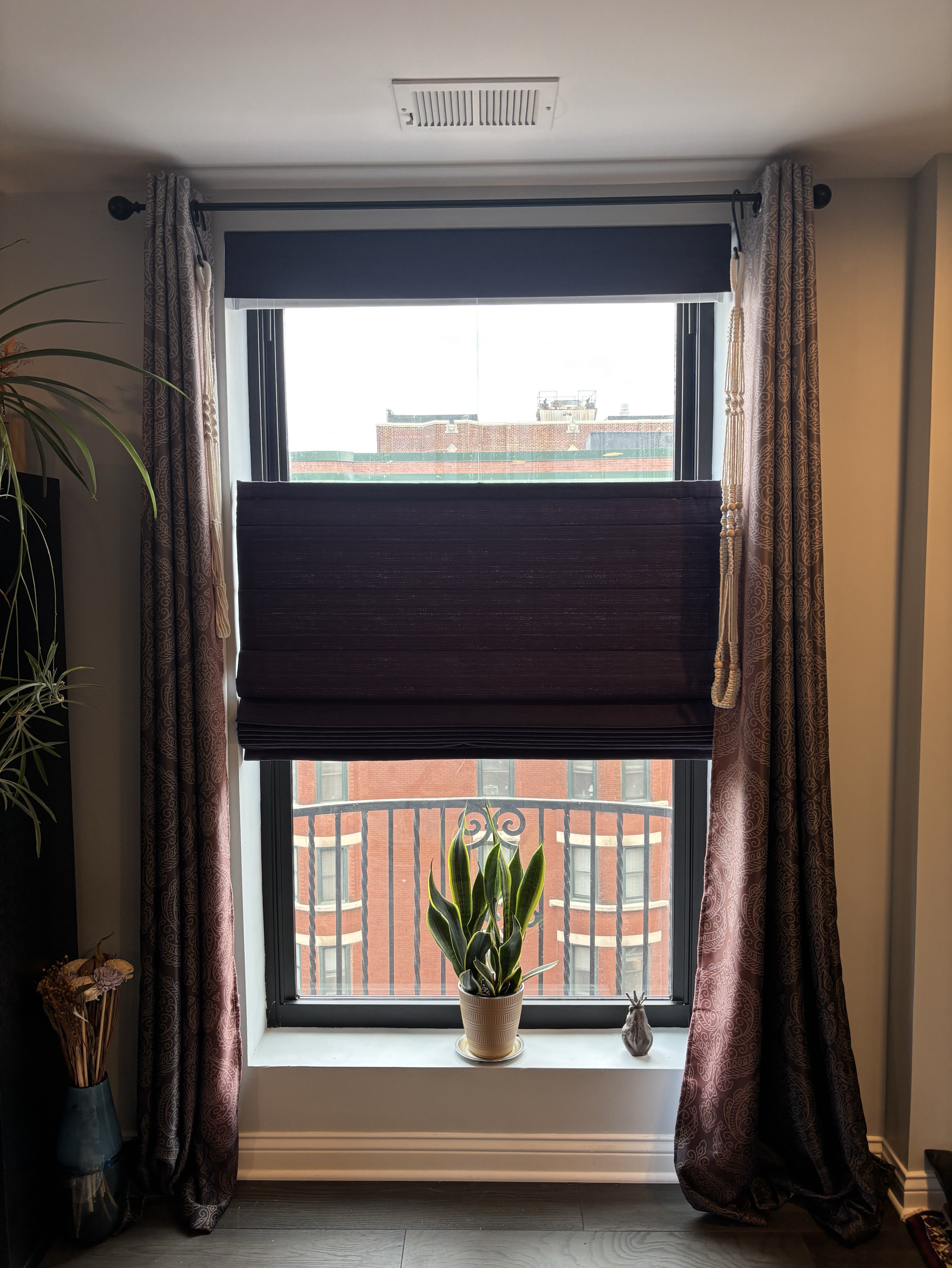Top-down Bottom-up Roman shades provide cover exactly where you need it - no lower, no higher. It maximizes natural light coming into your room, and the plant also stays happy!