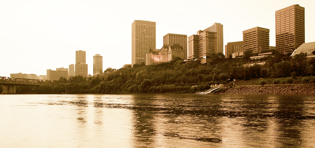 City skyline view from a river.