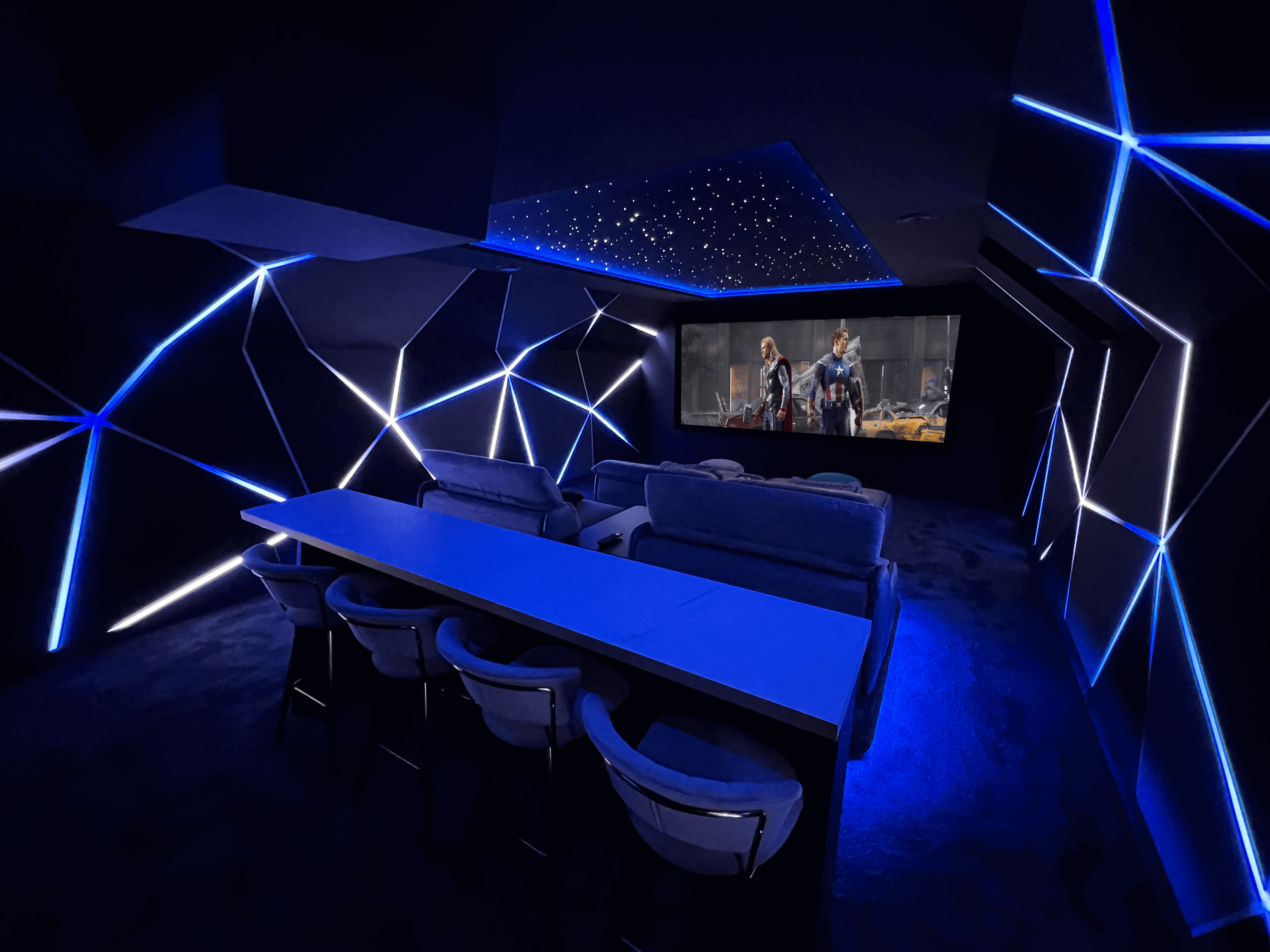 Stunning immersive home cinema installation featuring three-dimensional wall panels with integrated, Cinemas and Control Ltd Ascot 01344 944300