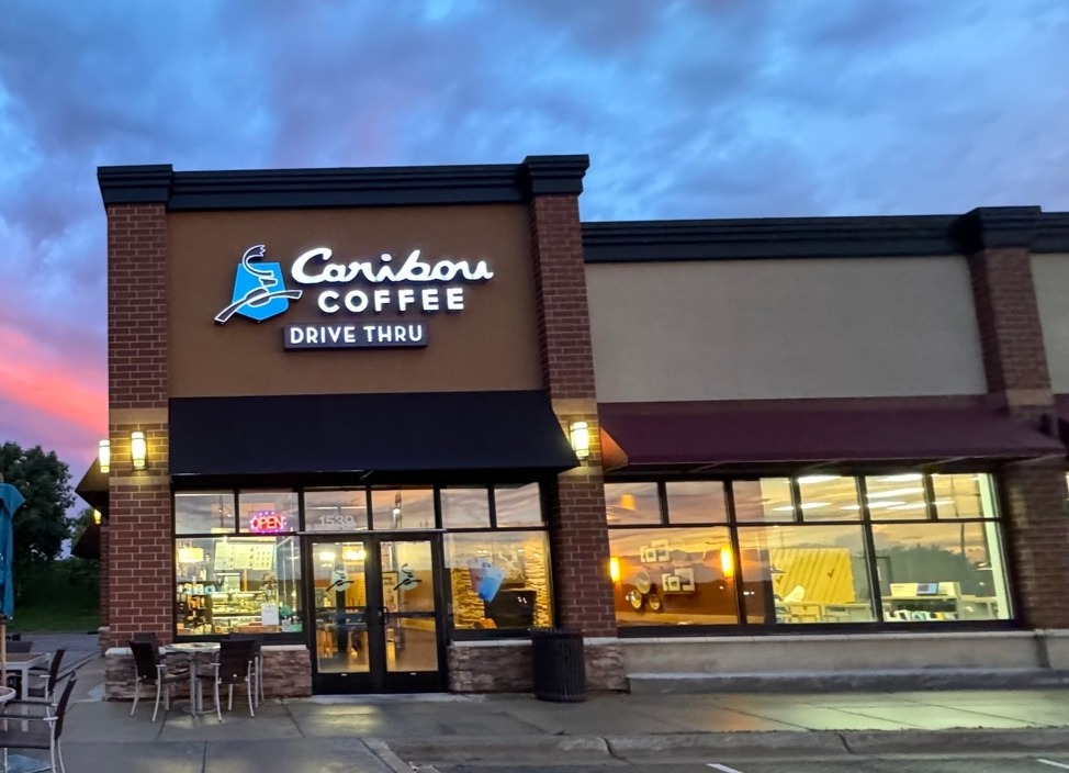 Storefront of the Caribou Coffee at 1539 17th Avenue East in Shakopee