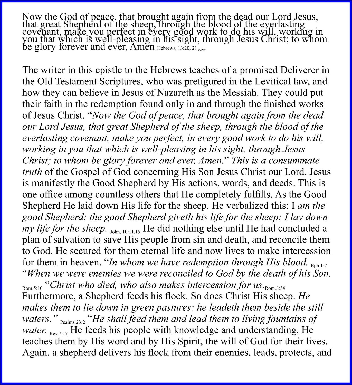 A page from a book or document featuring text from the Bible, with a blue border. The text is presented in paragraphs, with some verses quoted and attributed. The content discusses Jesus Christ as the Good Shepherd and His role in salvation and intercession.