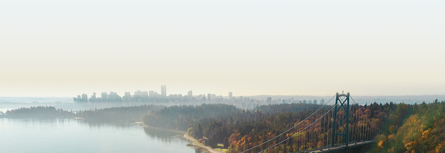 Aerial view of Lions Gate Bridge in Vancouver, BC.