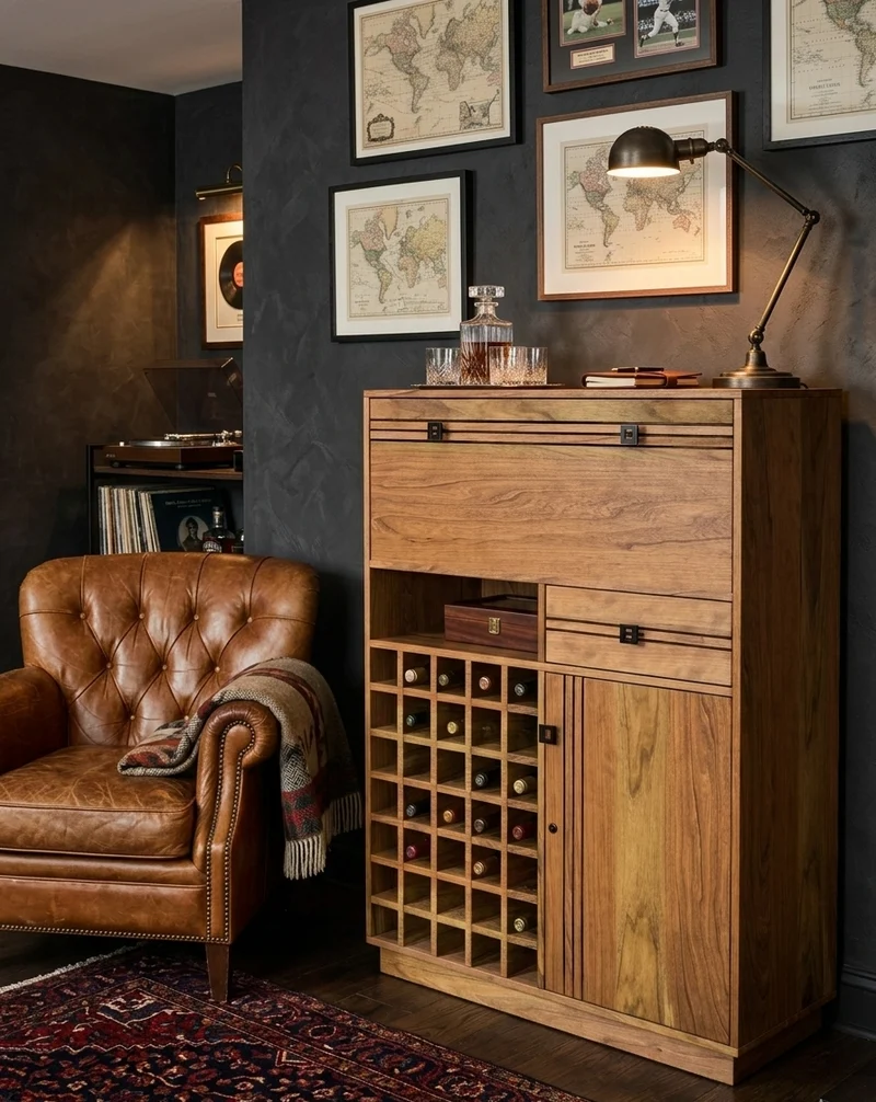 Greensboro Bar Cabinet by Foundry 39, a solid wood bar cabinet featuring African Wenge accents, adju 