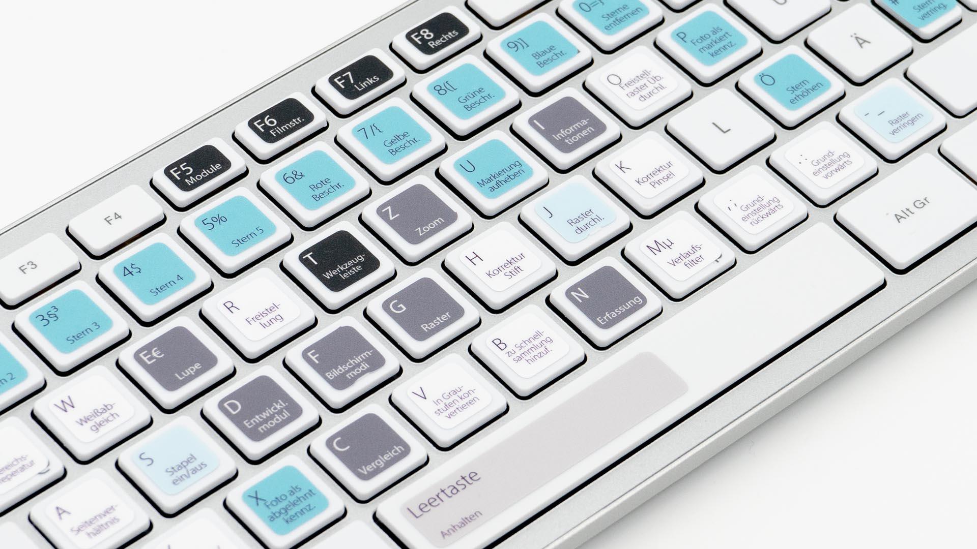 TasTutor Adobe Lightroom Tastatur / Tastaturaufkleber / Sticker Nahansicht links - hier auf deutsch kaufen