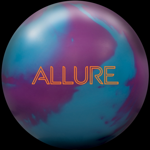 A close-up studio shot of a bowling ball with a marbled pattern of purple and teal colors. The word "ALLURE" is prominently displayed in an orange, outlined font across the center of the ball. The background is solid black, isolating the bowling ball.