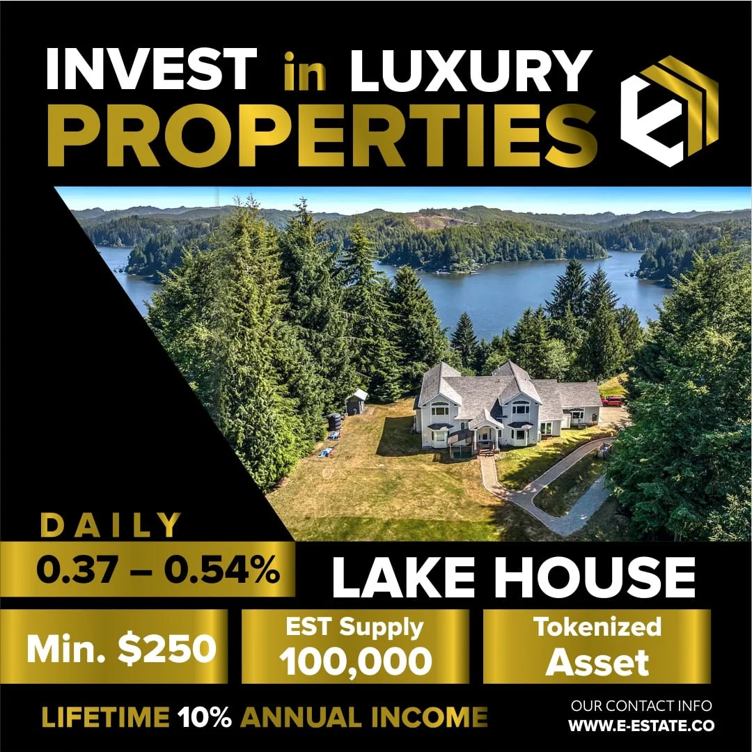 An advertisement for investing in luxury properties, specifically a lake house. The image features a 