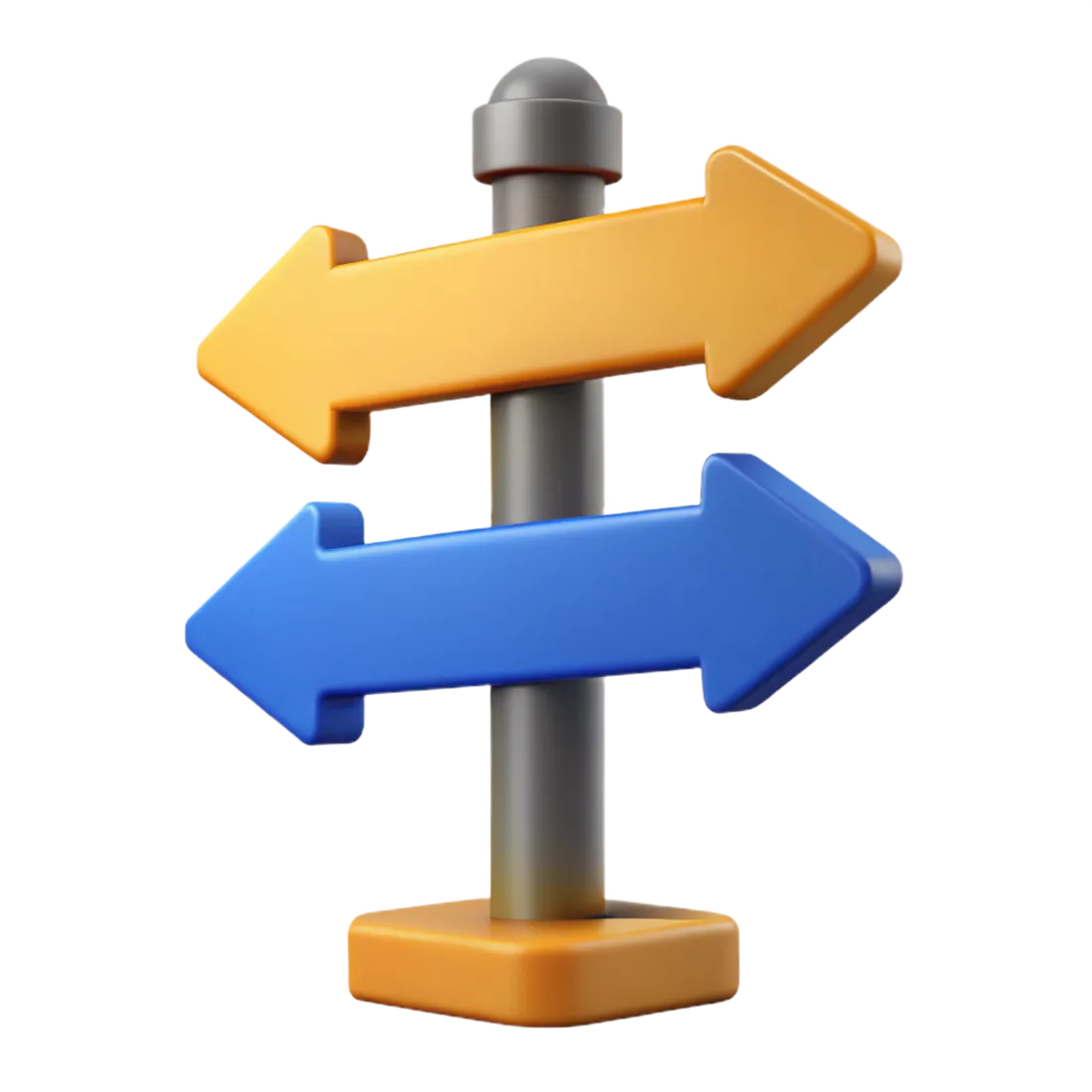 A 3D rendering of a directional signpost with two arrows, one pointing left and the other pointing right. The signpost has a gray pole and a golden base. The top arrow is golden yellow and points to the left, while the bottom arrow is blue and points to the right. The background is transparent.