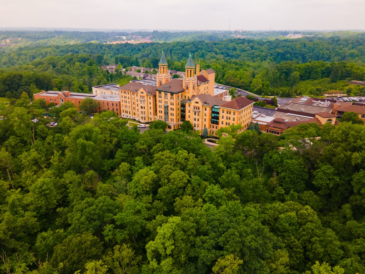 Exterior view of the grounds at Twin Towers Senior Living Community.