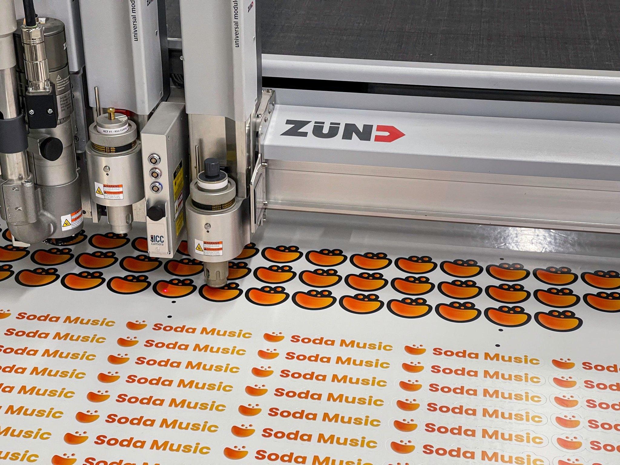 Custom logo stickers for Soda Music, printed and precision kiss-cut in-house at Ardor Printing in Snohomish, WA.
