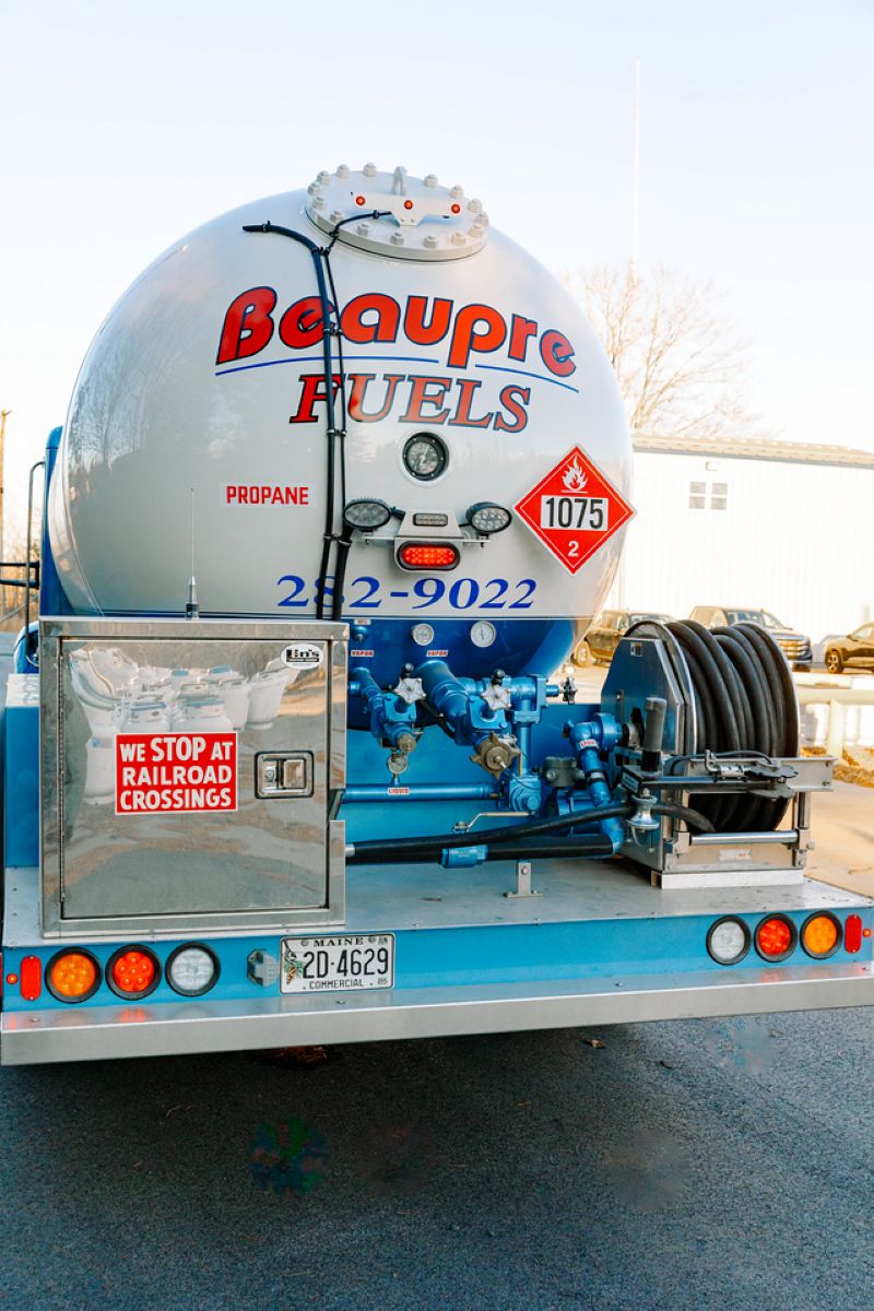 A Beaupre Fuels propane delivery truck parked at the company facility in Maine. Beaupre Fuels provides reliable residential and commercial propane delivery services, fuel solutions, and heating support throughout Southern Maine.