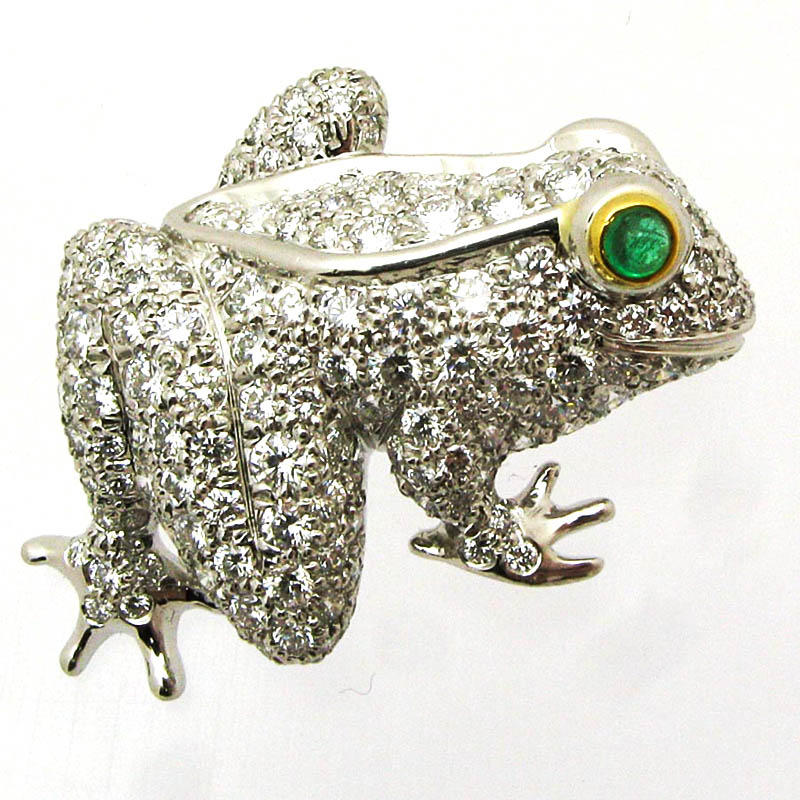 Vintage Tiffany frog brooch with diamonds and emerald eyes.