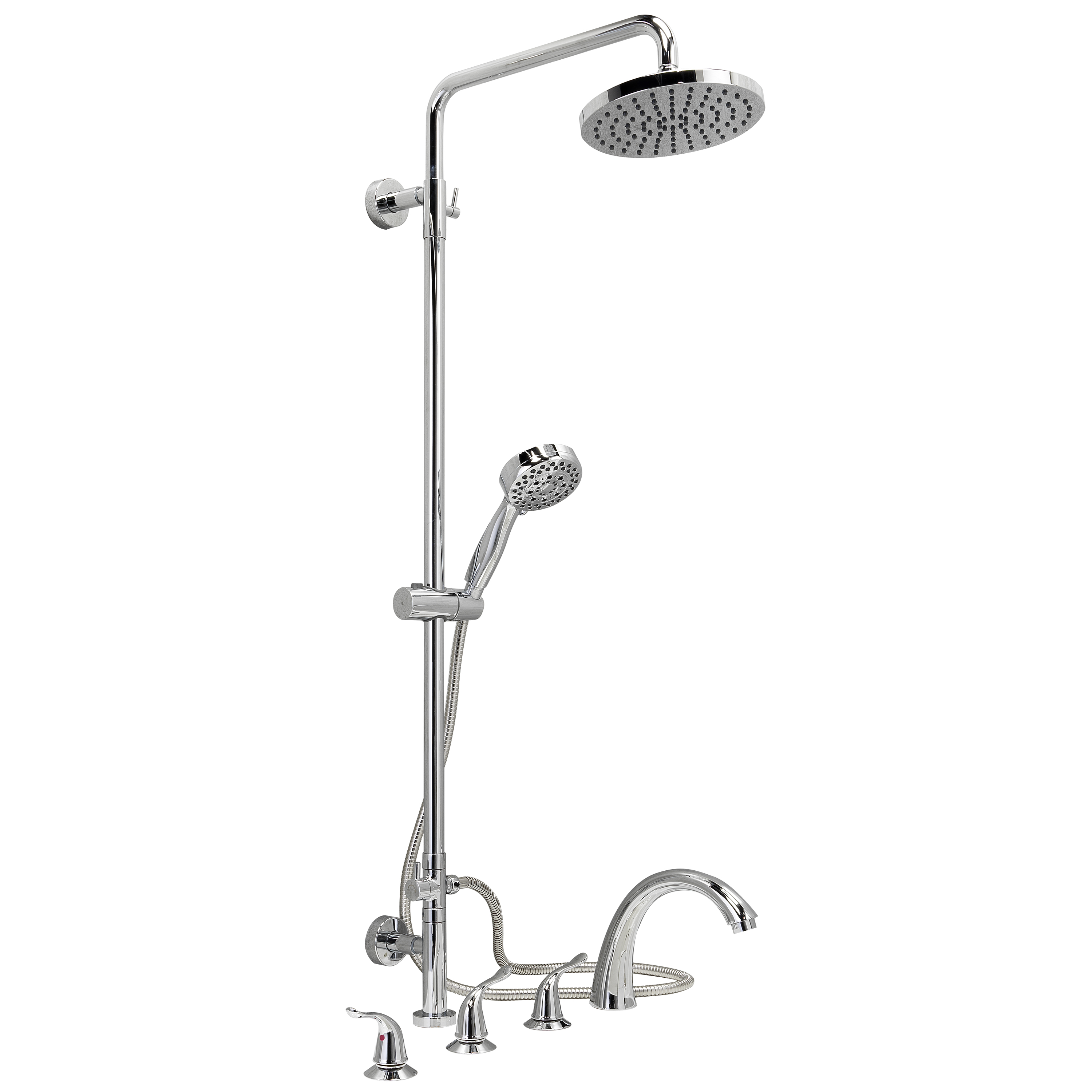Chrome walk-in tub shower system with rainfall and handheld showerhead