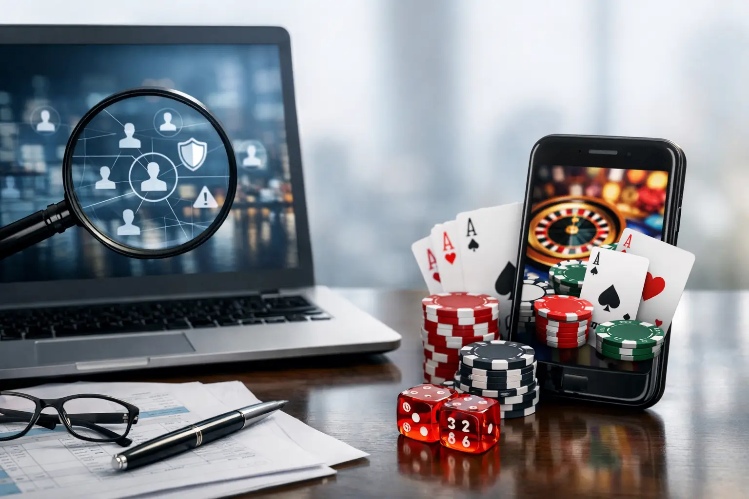 A laptop screen displays a network of user icons and a shield, viewed through a magnifying glass, on a wooden desk. Next to it are casino gambling items including stacks of poker chips in red, black, and green, four playing cards (three Aces and an Ace of Spades), and two red dice showing the numbers 2 and 6. A smartphone displays a roulette wheel. In the foreground, eyeglasses and a pen rest on documents.