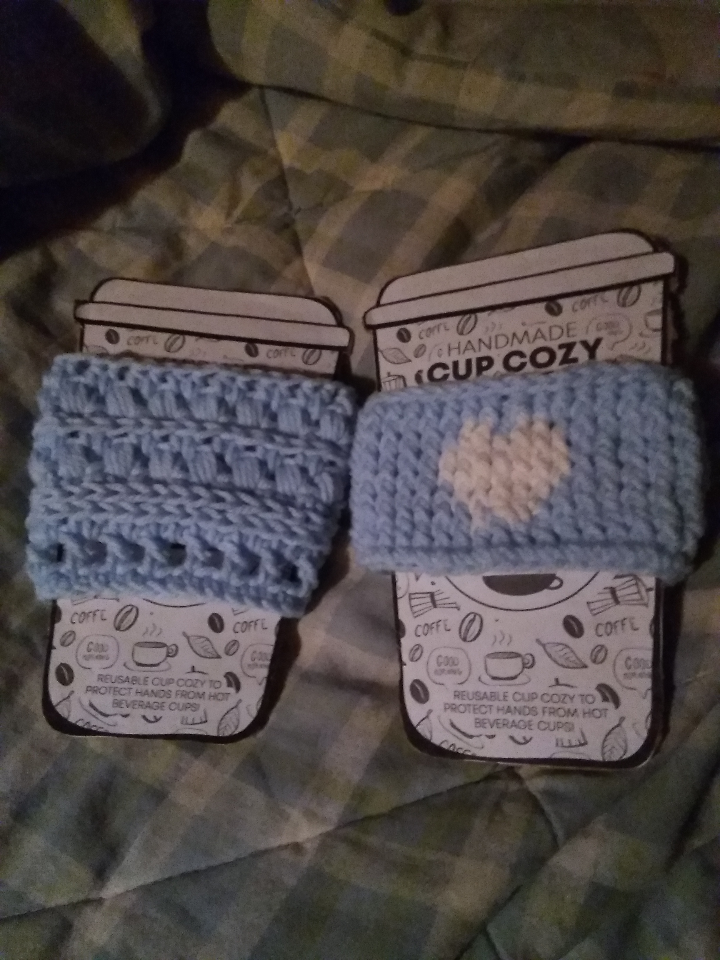 these coffee up cozies are made with acrylic yarn and will dry easily and their perfect for your coffee from the dandy and grabbing a cup of coffee and their warm.