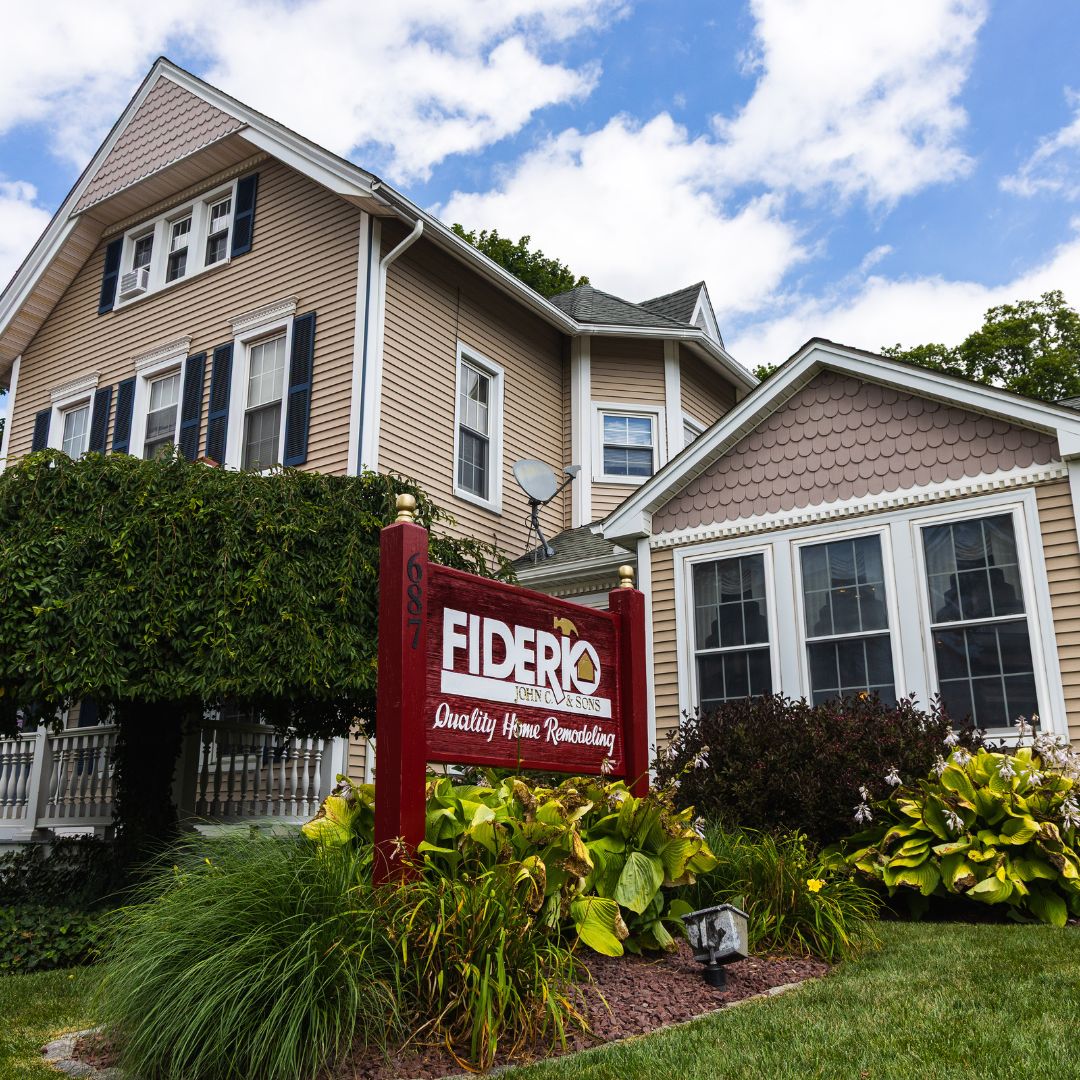 The Fiderio & Sons headquarters at 687 Broad Street, Meriden, CT, with its iconic red signage and beautifully maintained exterior.